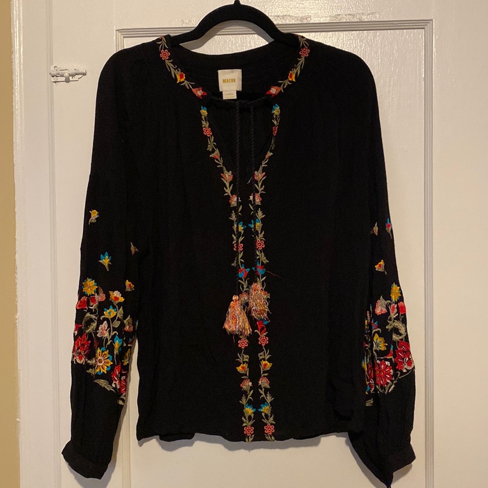 Maeve Black Embroidered Boho Tunic with Multicolor Floral Detail
